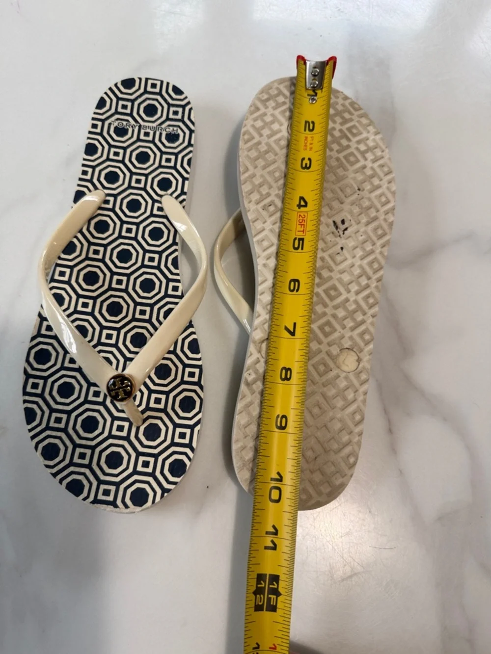 Tory Burch Navy Geometric Print Flip Flops with Cream Straps